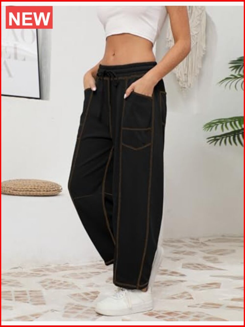 Womens Baggy Barrel Pants Wide Leg Lounge Drawstring Sweatpants with Pockets - Picture 5 of 7